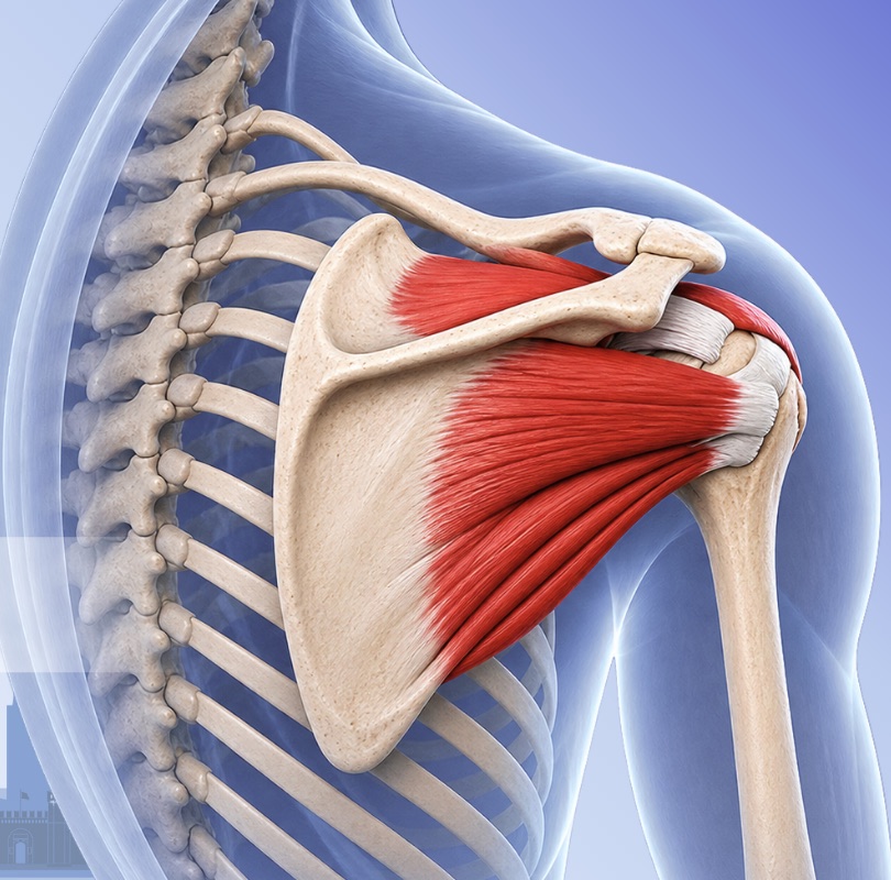 A shoulder anatomy render showing the rotator cuff muscles