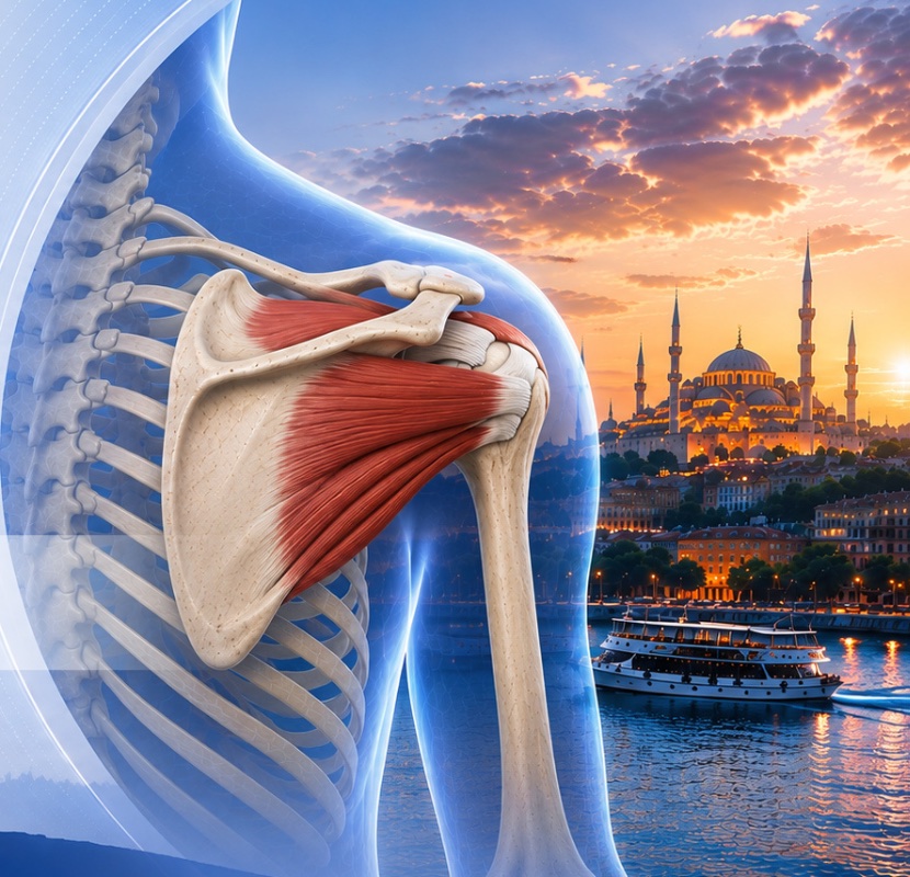 A shoulder anatomy render showing the rotator cuff, beside the Bosphorus and a mosque in Istanbul at dusk